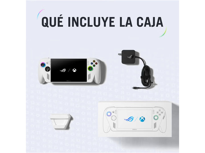 Consola portátil ASUS ROG XBOX ALLY en color blanco con pantalla encendida y controles laterales.