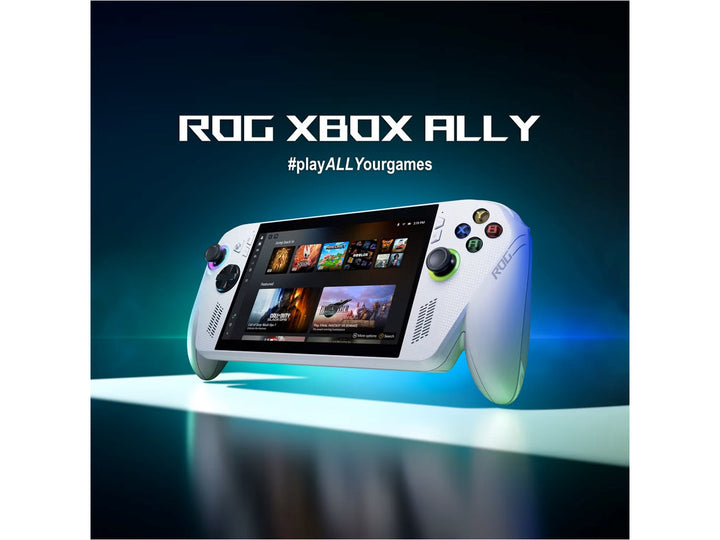 Consola portátil ASUS ROG XBOX ALLY en color blanco con pantalla encendida y controles laterales.