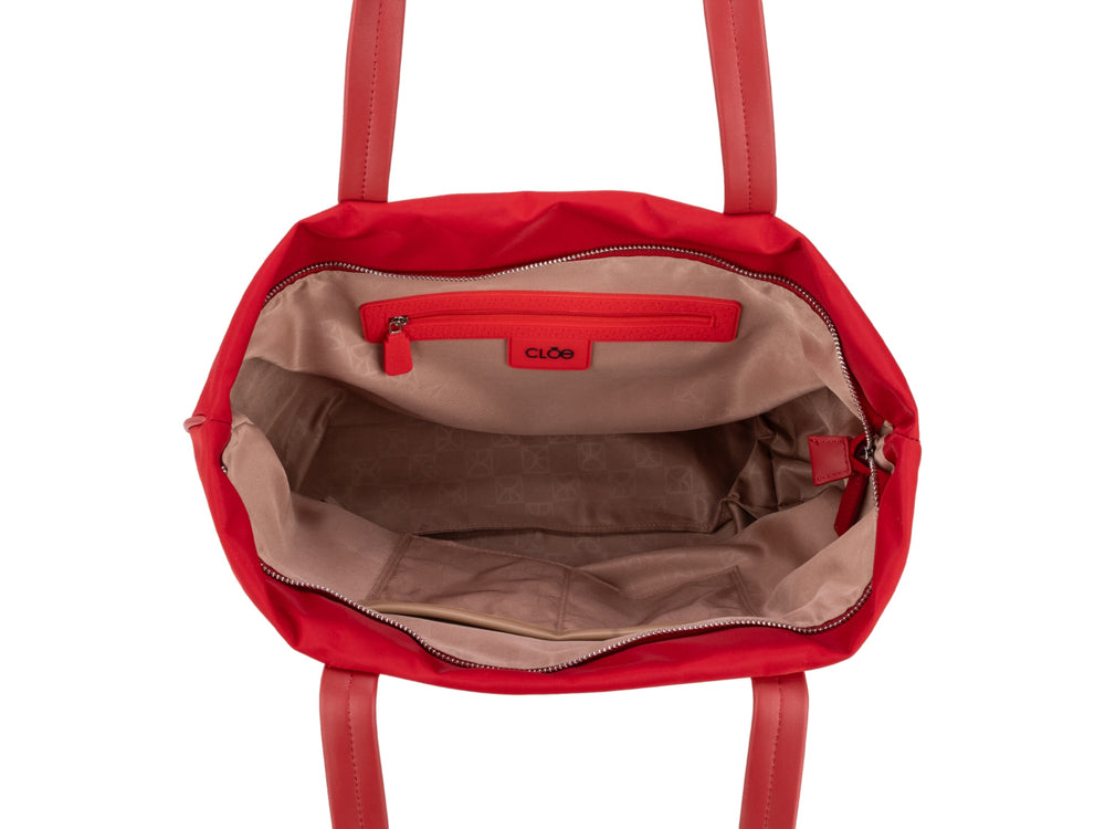 Bolsa de hombro Cloe en color rojo, diseño rectangular con asas largas y acabado liso.