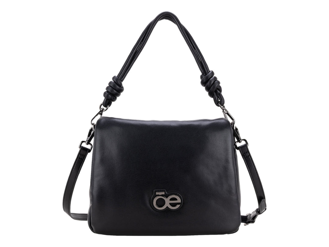 Bolso de mano color negro con asa superior anudada y logotipo metálico frontal.