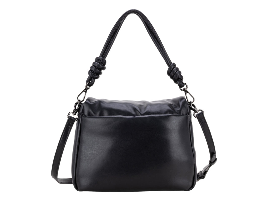 Bolso de mano color negro con asa superior anudada y logotipo metálico frontal.