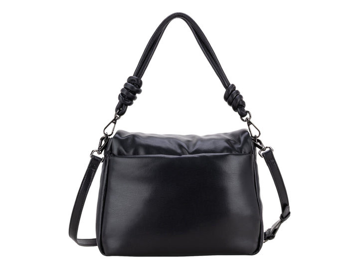 Bolso de mano color negro con asa superior anudada y logotipo metálico frontal.
