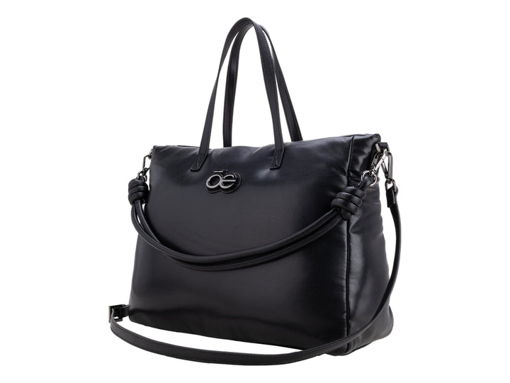 Bolso de hombro color negro con asas superiores y correa ajustable.