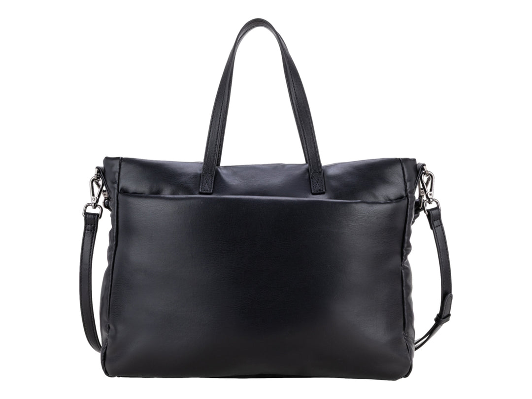 Bolso de hombro color negro con asas superiores y correa ajustable.
