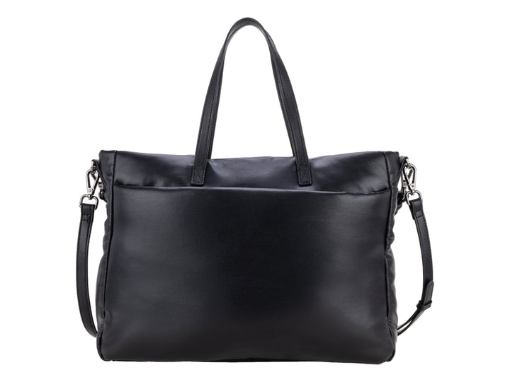 Bolso de hombro color negro con asas superiores y correa ajustable.