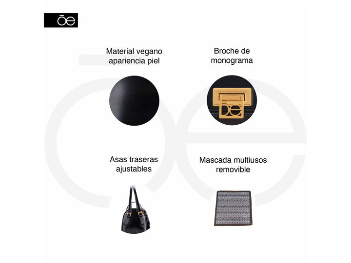 Bolso tipo mochila color café de la marca Cloe con detalle de pañuelo gris y herrajes dorados.