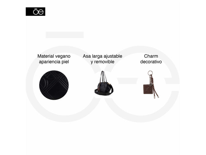 Bolsa Cloe color negro con diseño en relieve, asas superiores y correa ajustable.