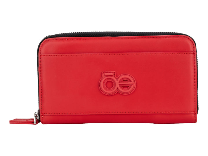 Cartera Cloe de color rojo con cierre negro y logotipo en relieve al centro.