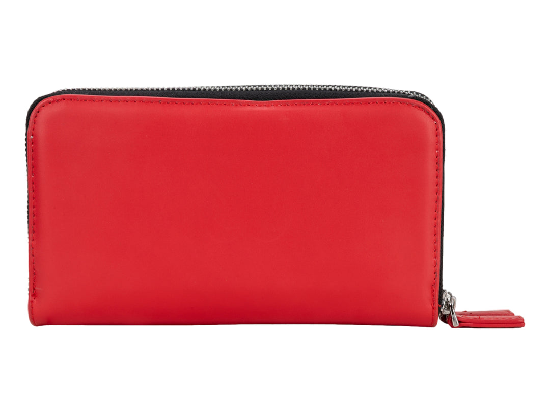 Cartera Cloe de color rojo con cierre negro y logotipo en relieve al centro.