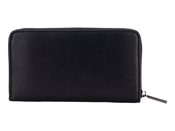 Cartera Cloe de color negro con cierre perimetral y logotipo metálico en el centro.