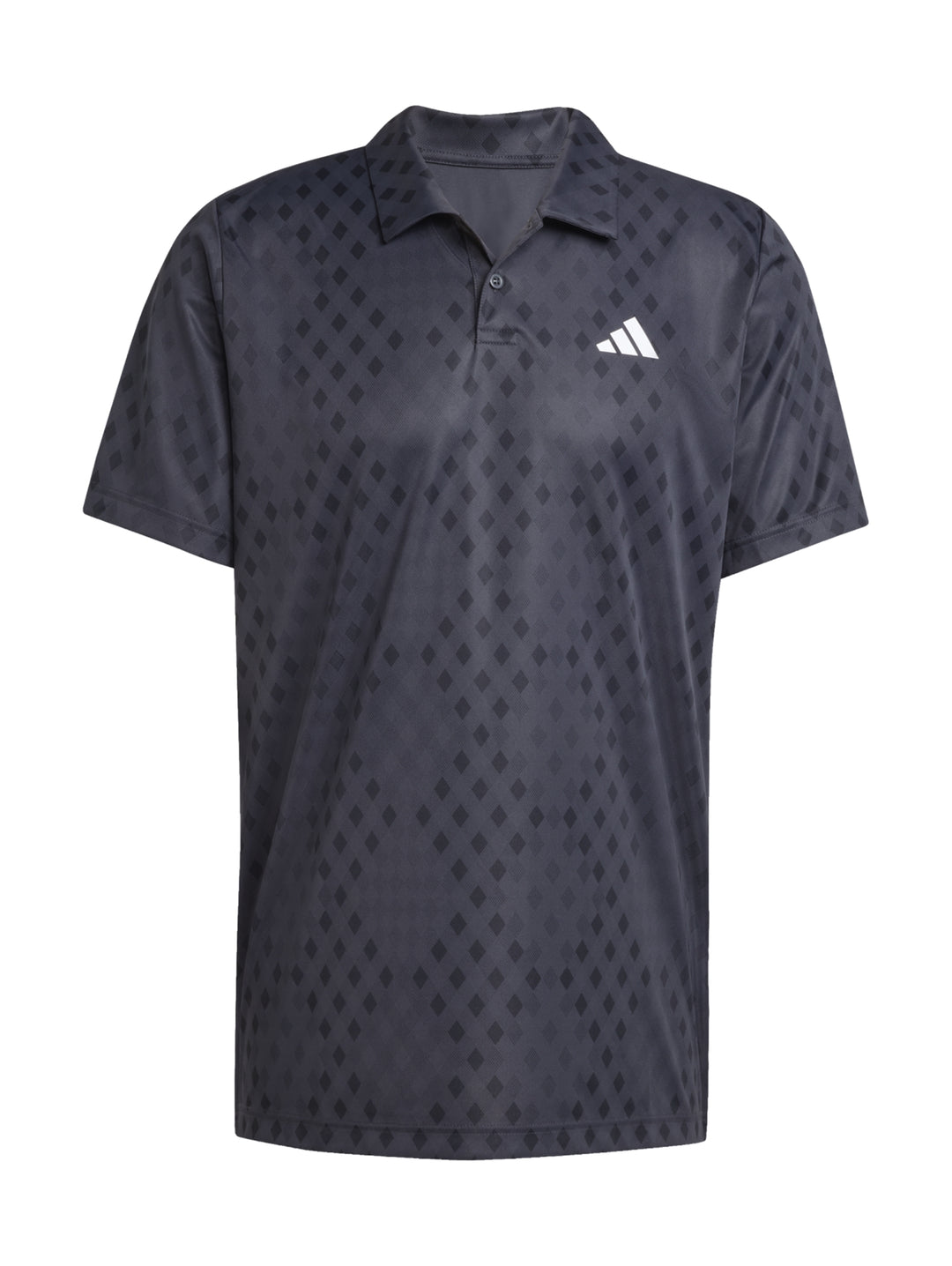 Hombre vistiendo polo deportivo Adidas color gris oscuro con patrón geométrico de diamantes.