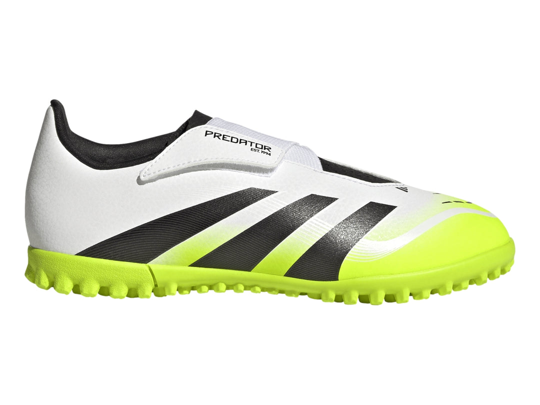 Zapato de fútbol Adidas Predator color blanco con rayas negras y suela amarillo neón.