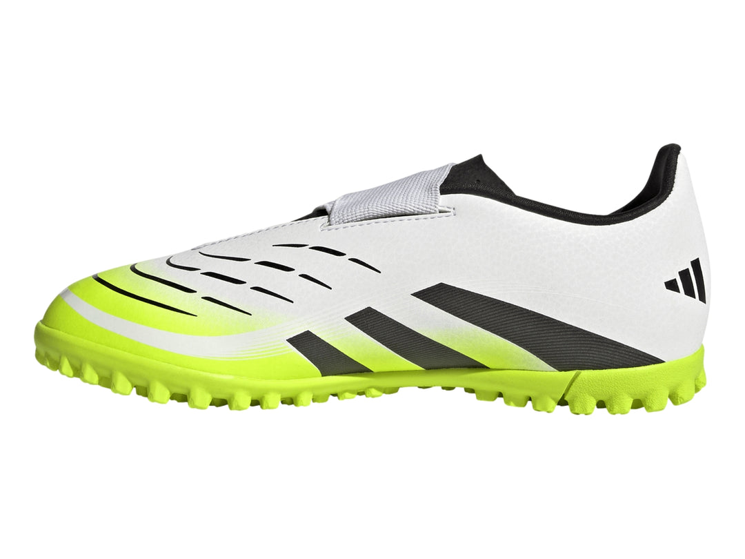 Zapato de fútbol Adidas Predator color blanco con rayas negras y suela amarillo neón.
