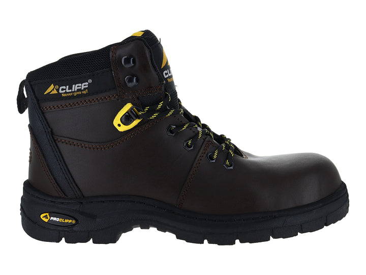 Bota de trabajo Cliff color café con suela negra y detalles amarillos.