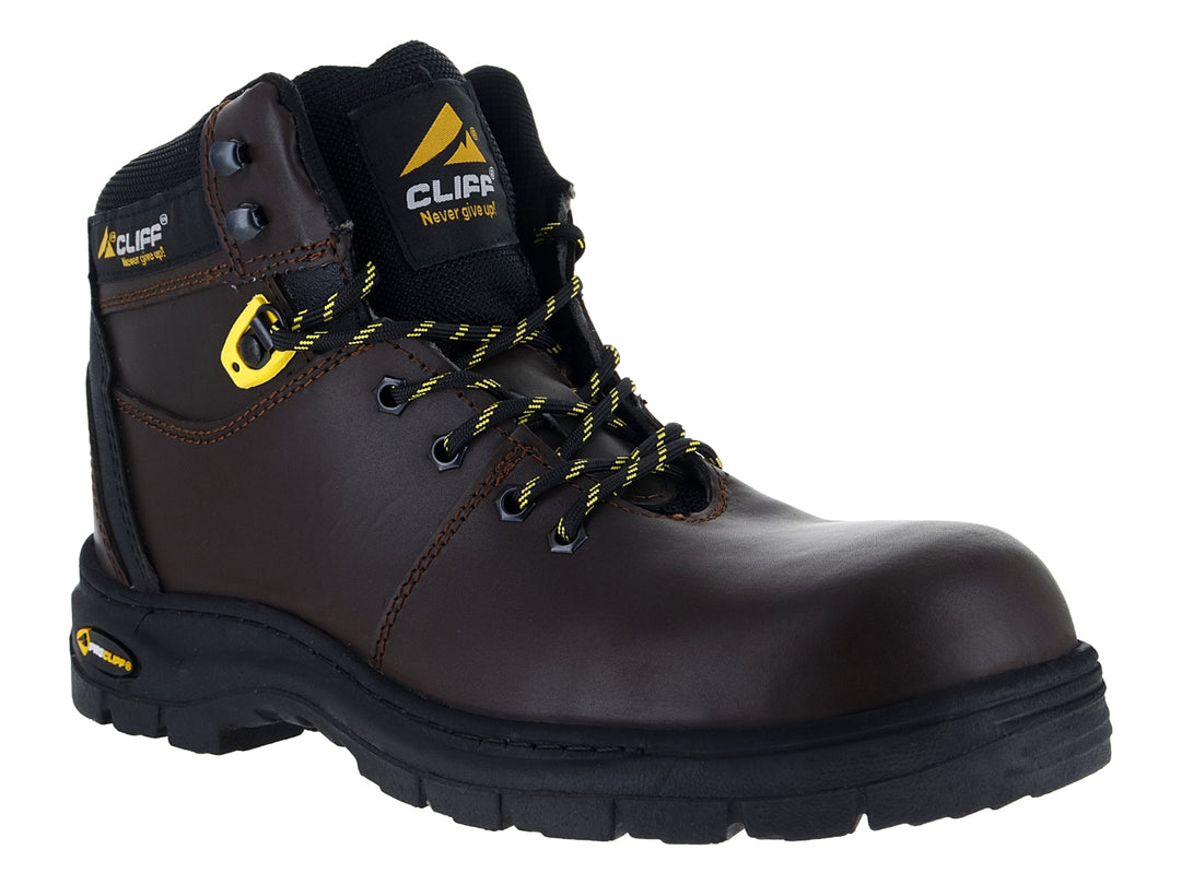 Bota de trabajo Cliff color café con suela negra y detalles amarillos.