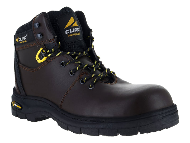 Bota de trabajo Cliff color café con suela negra y detalles amarillos.