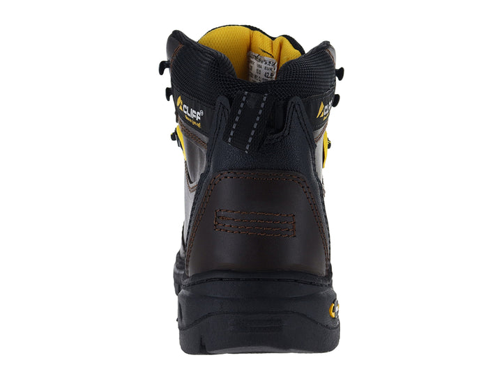 Bota de trabajo Cliff color café con suela negra y detalles amarillos.