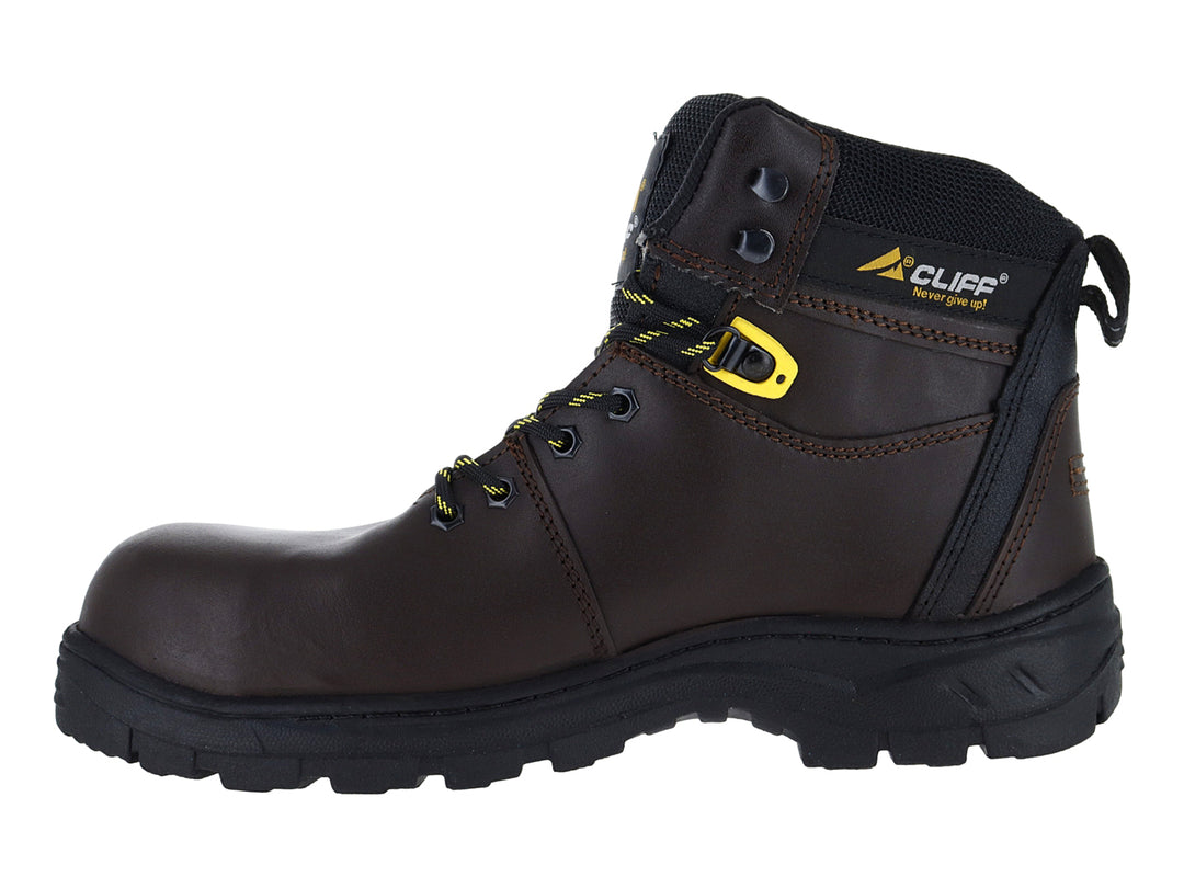 Bota de trabajo Cliff color café con suela negra y detalles amarillos.