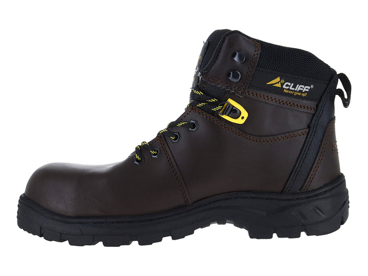 Bota de trabajo Cliff color café con suela negra y detalles amarillos.