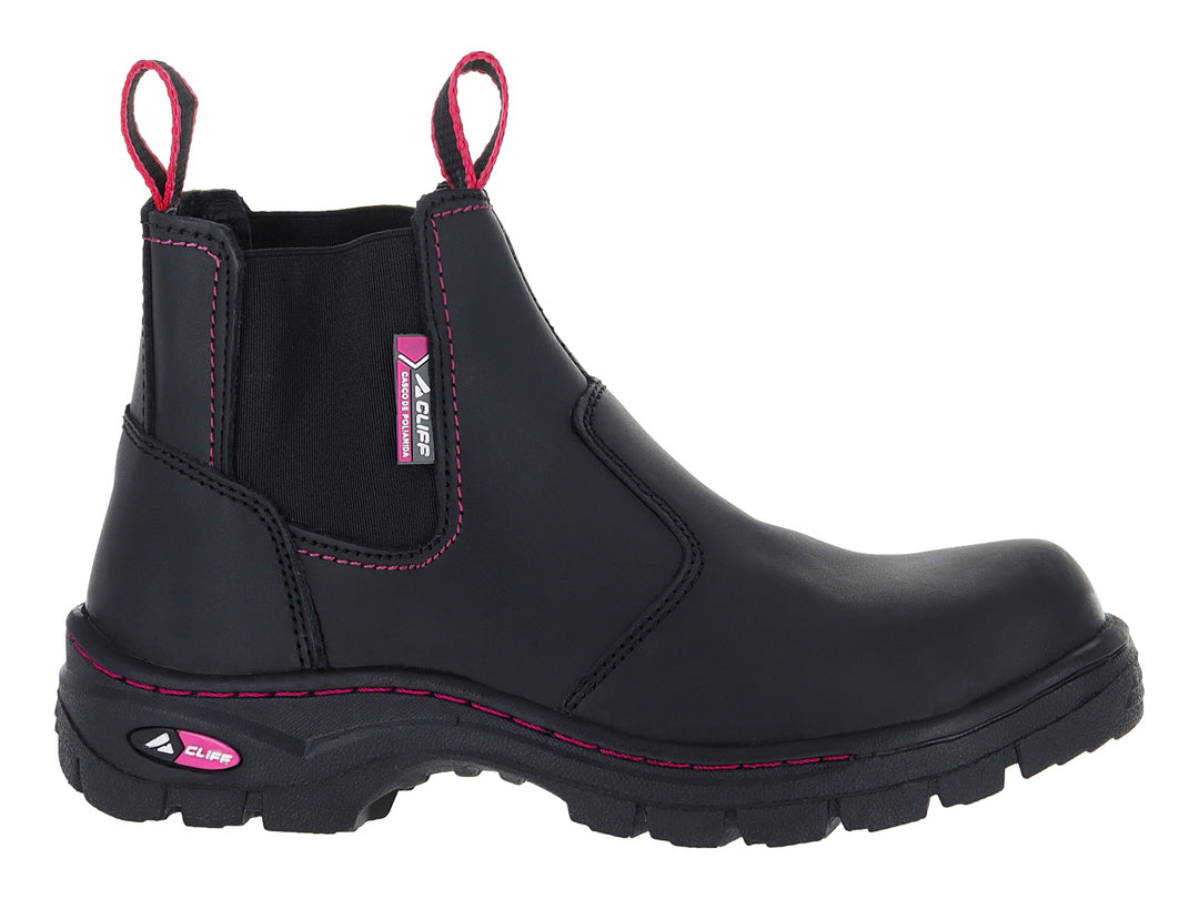 Bota de trabajo negra con detalles y costuras en color rosa, marca CLIFF.