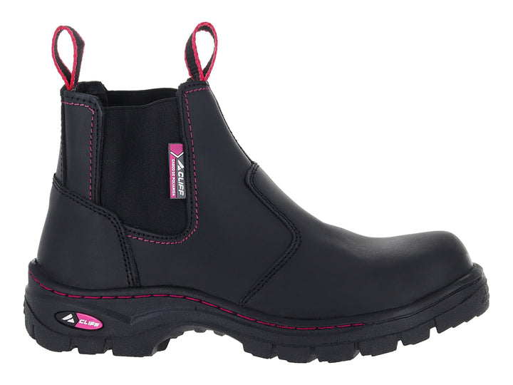 Bota de trabajo negra con detalles y costuras en color rosa, marca CLIFF.