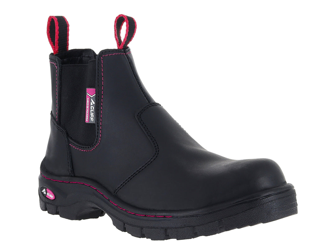 Bota de trabajo negra con detalles y costuras en color rosa, marca CLIFF.
