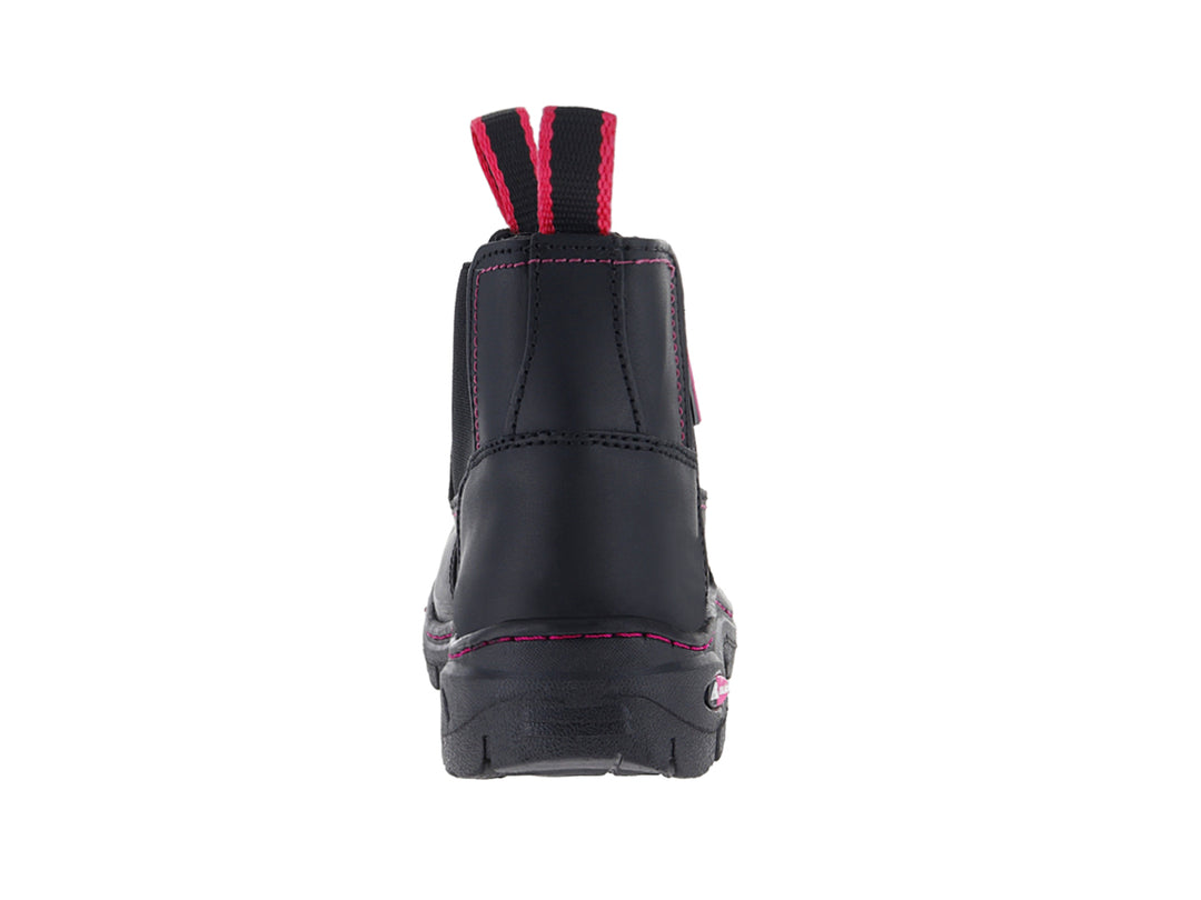 Bota de trabajo negra con detalles y costuras en color rosa, marca CLIFF.
