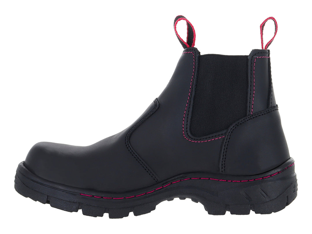 Bota de trabajo negra con detalles y costuras en color rosa, marca CLIFF.