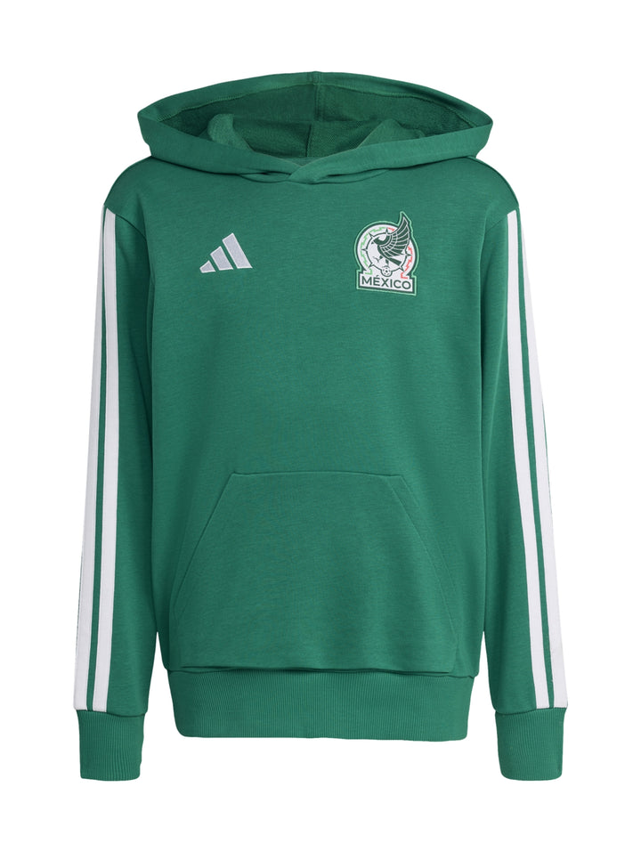 Sudadera verde Adidas para niño con capucha, rayas blancas en las mangas y escudo de la Selección Mexicana.