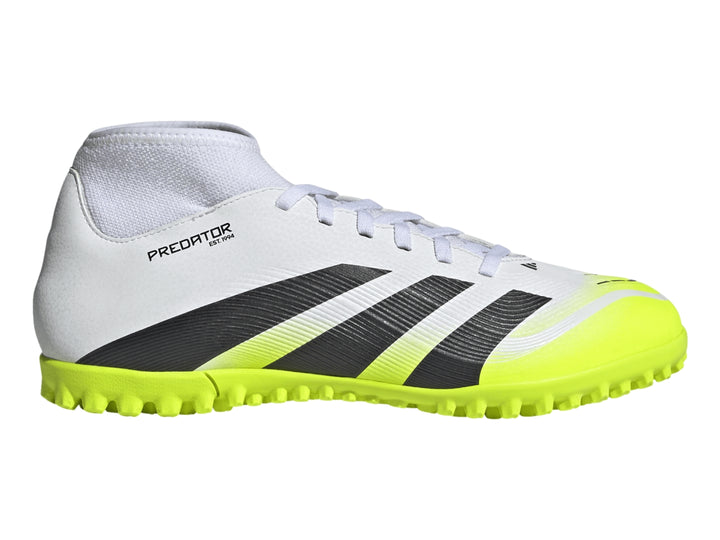 Zapato de fútbol Adidas Predator en color blanco con rayas negras y suela amarilla brillante.