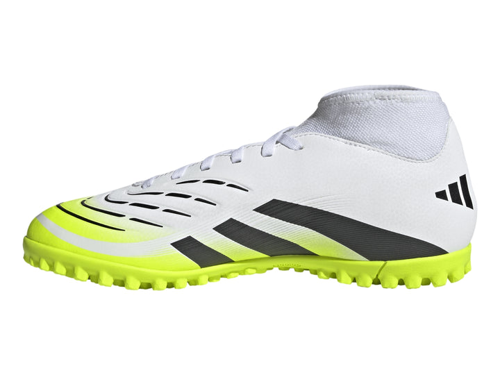 Zapato de fútbol Adidas Predator en color blanco con rayas negras y suela amarilla brillante.