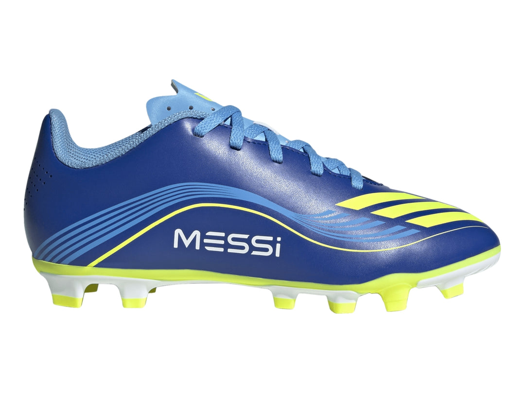Zapato de fútbol Adidas F50 Messi color azul royal con detalles y suela en amarillo solar.