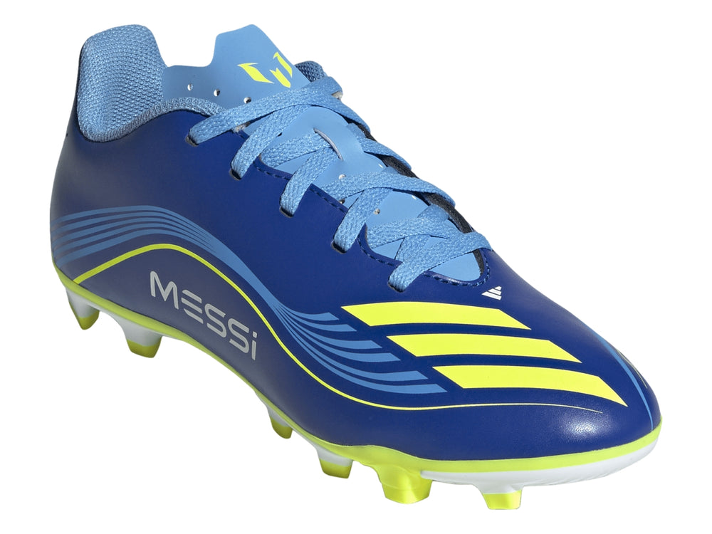 Zapato de fútbol Adidas F50 Messi color azul royal con detalles y suela en amarillo solar.