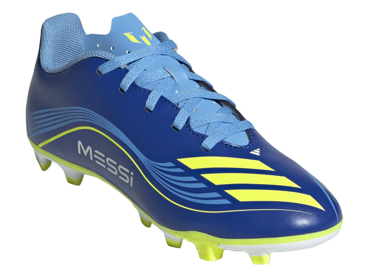 Zapato de fútbol Adidas F50 Messi color azul royal con detalles y suela en amarillo solar.