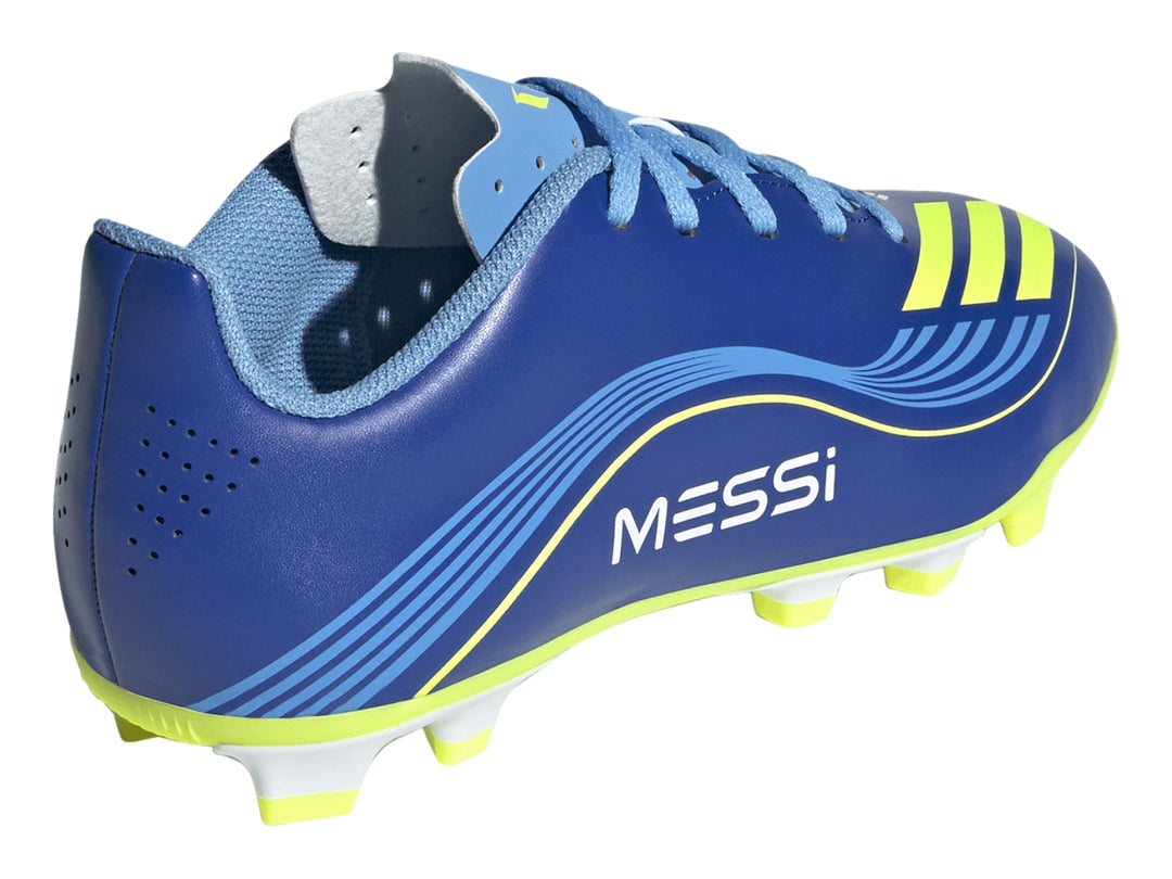 Zapato de fútbol Adidas F50 Messi color azul royal con detalles y suela en amarillo solar.