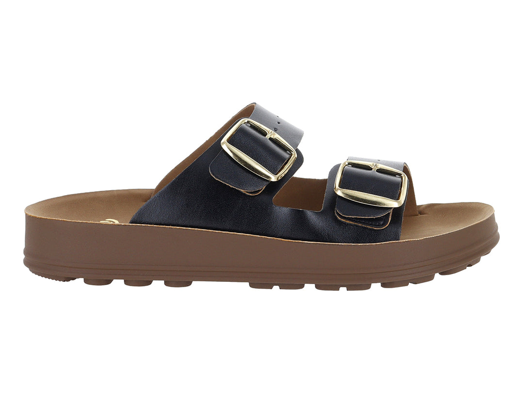 Sandalias negras con suela ancha color café y hebillas doradas.