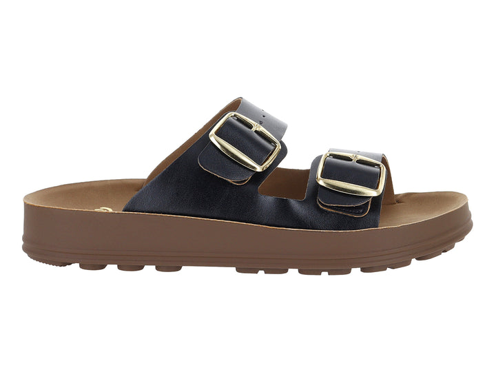 Sandalias negras con suela ancha color café y hebillas doradas.