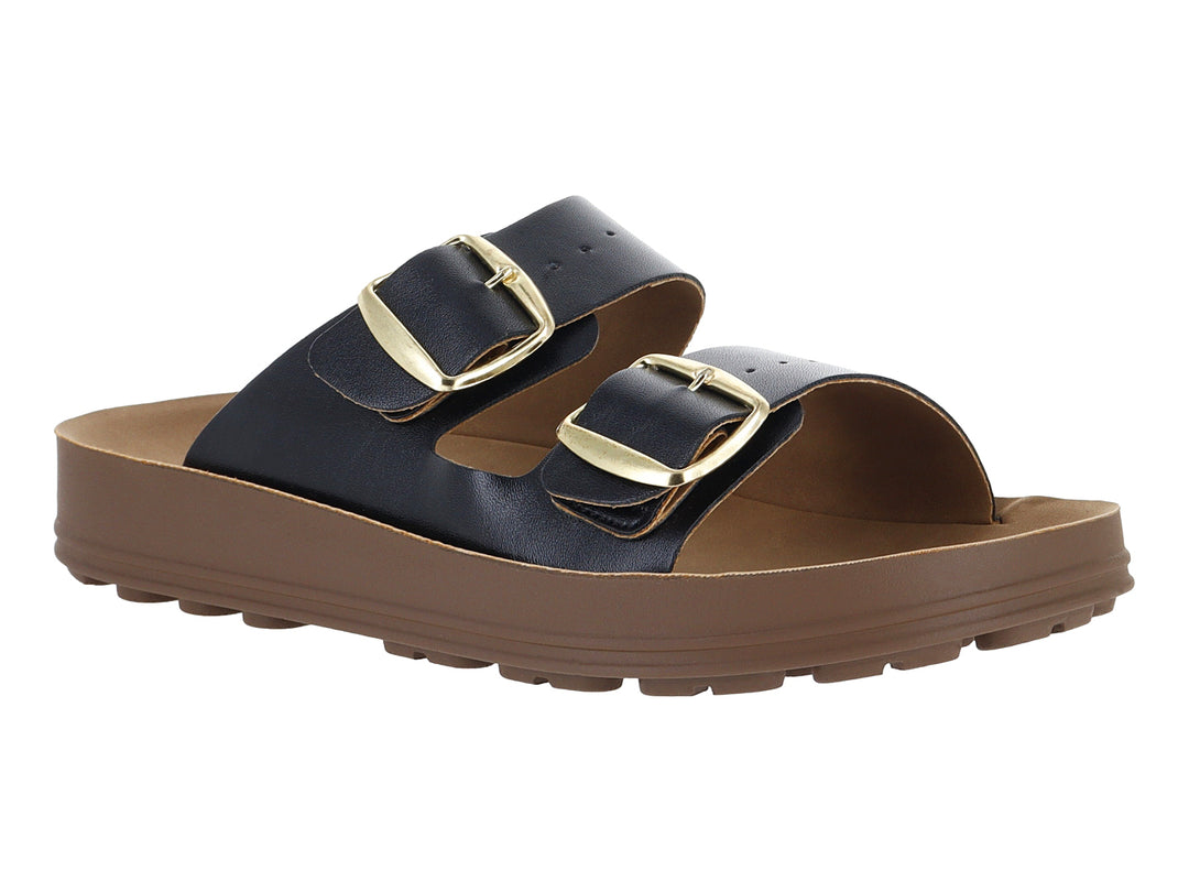 Sandalias negras con suela ancha color café y hebillas doradas.