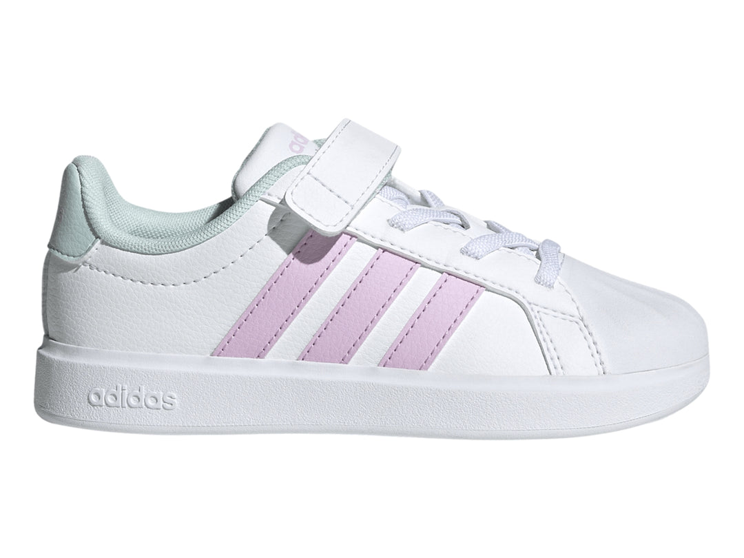 Tenis Adidas blancos con tres franjas color lila, detalles en menta y cierre de velcro para niños.