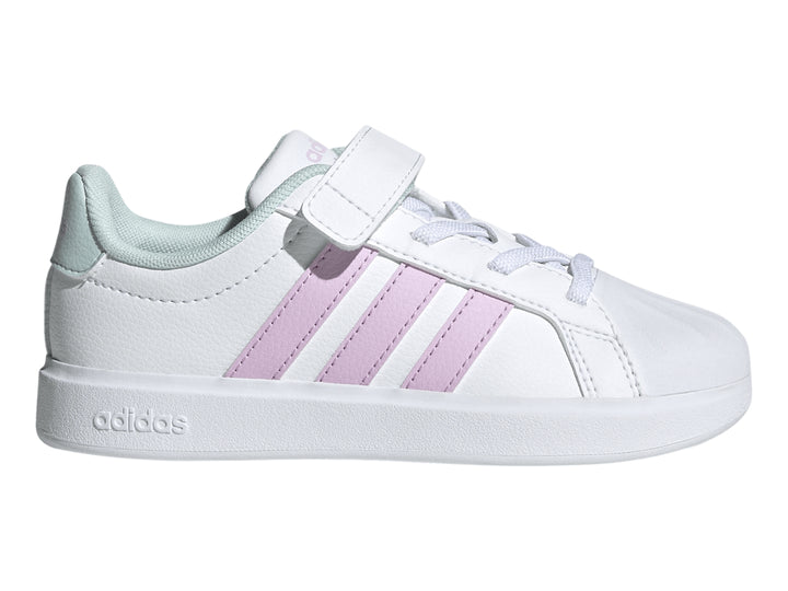 Tenis Adidas blancos con tres franjas color lila, detalles en menta y cierre de velcro para niños.