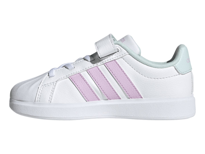 Tenis Adidas blancos con tres franjas color lila, detalles en menta y cierre de velcro para niños.