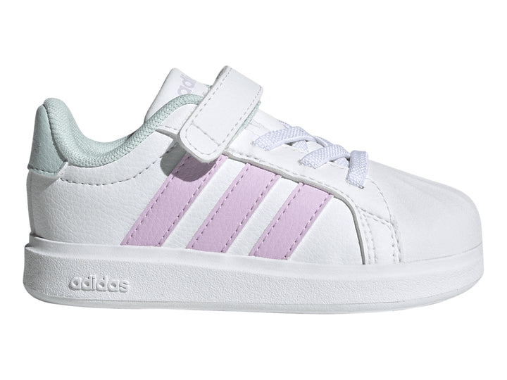 Tenis Adidas blancos con franjas lila y detalles en menta, con cierre de velcro y agujetas.