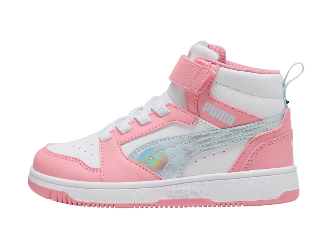Tenis PUMA Rebound V6 infantiles en color rosa y blanco con detalles en azul claro, estilo botín.