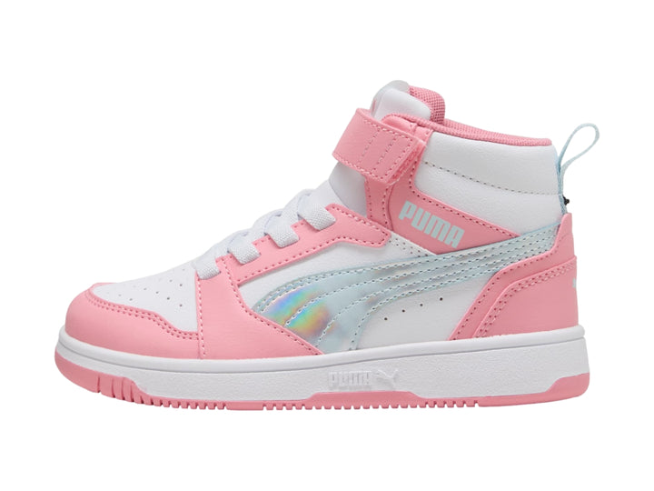 Tenis PUMA Rebound V6 infantiles en color rosa y blanco con detalles en azul claro, estilo botín.