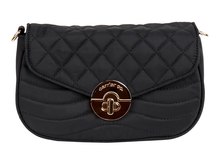 Bolsa de hombro color negro con diseño acolchado en forma de diamante y cierre metálico dorado.