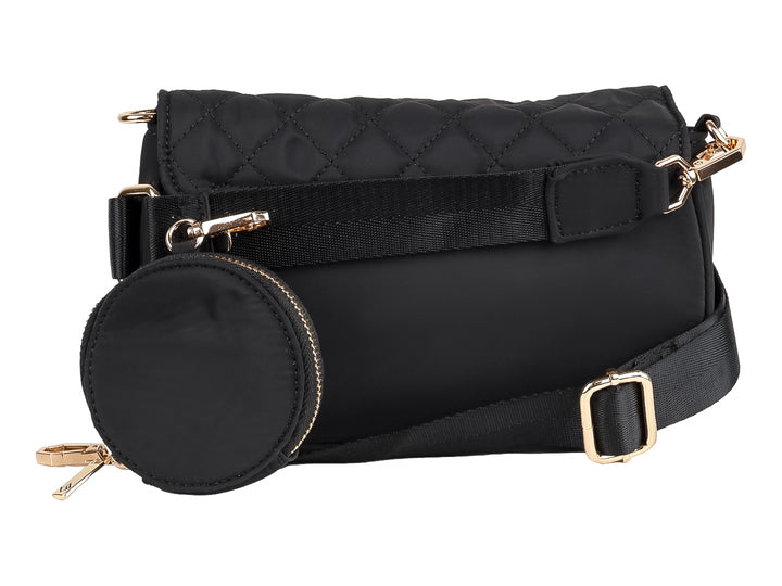 Bolsa de hombro color negro con diseño acolchado en forma de diamante y cierre metálico dorado.