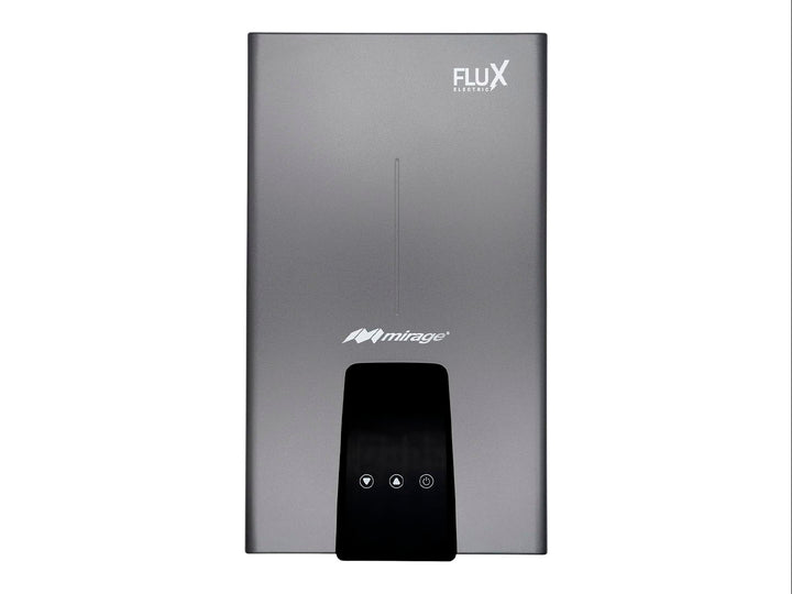 Boiler eléctrico compacto Mirage en color gris con panel de control negro frontal.