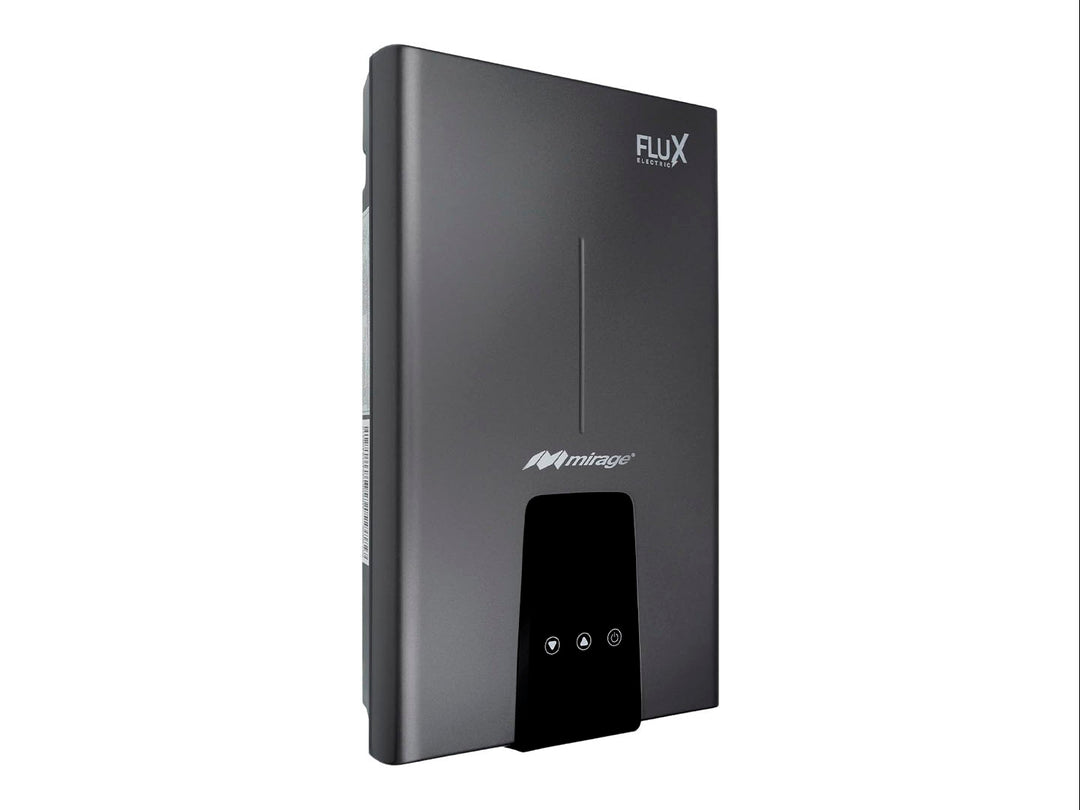 Boiler eléctrico compacto Mirage en color gris con panel de control negro frontal.