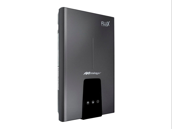 Boiler eléctrico compacto Mirage en color gris con panel de control negro frontal.