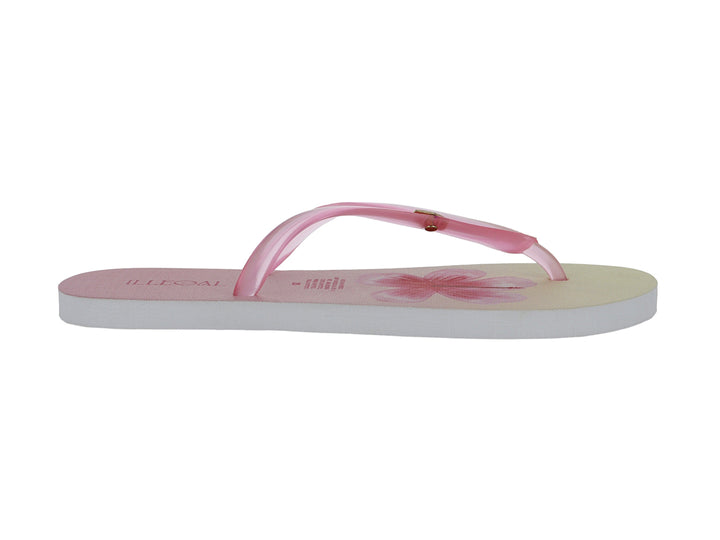 Sandalias de dedo color rosa con diseño floral en la plantilla y suela blanca.